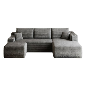 English Elm 95 Inch U Shaped Sectional Sofa with Ottoman in Plush Corduroy for Modern Living Dark Grey - B W2824S00279
