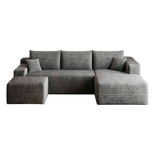 English Elm 95 Inch U Shaped Sectional Sofa with Ottoman in Plush Corduroy for Modern Living Dark Grey - B W2824S00279