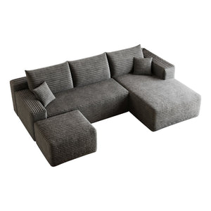 English Elm 95 Inch U Shaped Sectional Sofa with Ottoman in Plush Corduroy for Modern Living Dark Grey - B W2824S00279