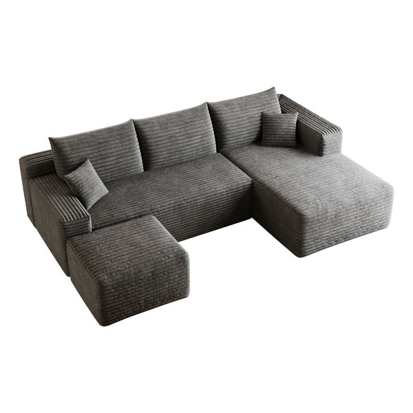 English Elm 95 Inch U Shaped Sectional Sofa with Ottoman in Plush Corduroy for Modern Living Dark Grey - B W2824S00279