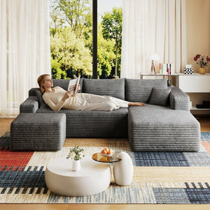 English Elm 95 Inch U Shaped Sectional Sofa with Ottoman in Plush Corduroy for Modern Living Dark Grey - B W2824S00279