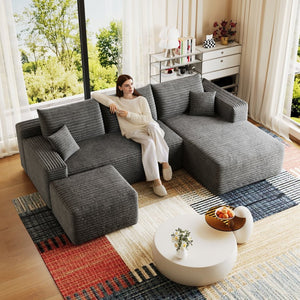 English Elm 95 Inch U Shaped Sectional Sofa with Ottoman in Plush Corduroy for Modern Living Dark Grey - B W2824S00279