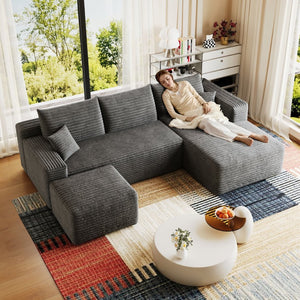 English Elm 95 Inch U Shaped Sectional Sofa with Ottoman in Plush Corduroy for Modern Living Dark Grey - B W2824S00279