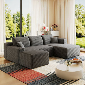 English Elm 95 Inch U Shaped Sectional Sofa with Ottoman in Plush Corduroy for Modern Living Dark Grey - B W2824S00279