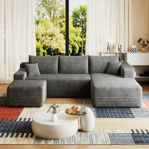 English Elm 95 Inch U Shaped Sectional Sofa with Ottoman in Plush Corduroy for Modern Living Dark Grey - B W2824S00279