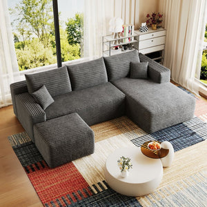 English Elm 95 Inch U Shaped Sectional Sofa with Ottoman in Plush Corduroy for Modern Living Dark Grey - B W2824S00279