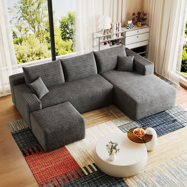 English Elm 95 Inch U Shaped Sectional Sofa with Ottoman in Plush Corduroy for Modern Living Dark Grey - B W2824S00279