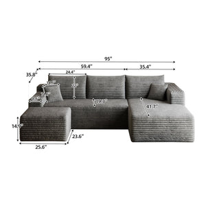 English Elm 95 Inch U Shaped Sectional Sofa with Ottoman in Plush Corduroy for Modern Living Dark Grey - B W2824S00279
