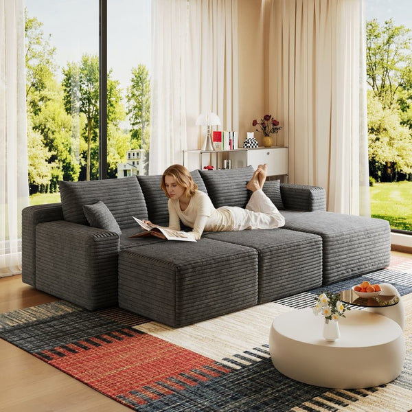 English Elm 95 Inch U Shaped Sectional Sofa with Ottomans Plush Corduroy Cloud Couch for Living Room W2824S00280