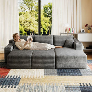 English Elm 95 Inch U Shaped Sectional Sofa with Ottomans Plush Corduroy Cloud Couch for Living Room W2824S00280