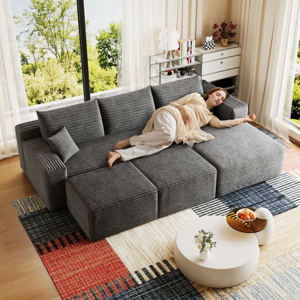 English Elm 95 Inch U Shaped Sectional Sofa with Ottomans Plush Corduroy Cloud Couch for Living Room W2824S00280