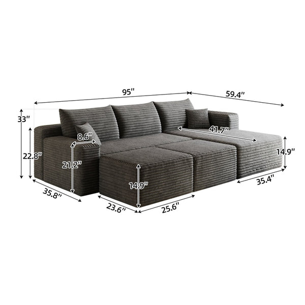 English Elm 95 Inch U Shaped Sectional Sofa with Ottomans Plush Corduroy Cloud Couch for Living Room W2824S00280