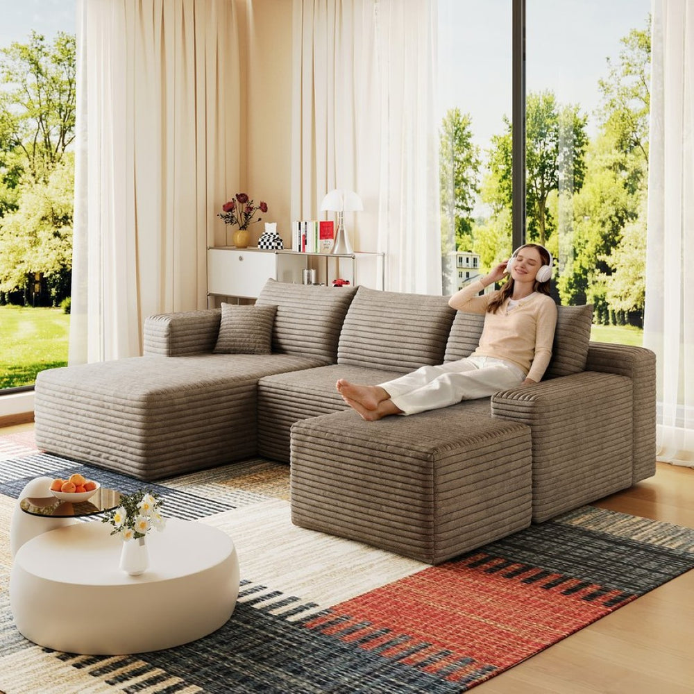 English Elm 95 Inch U Shaped Sectional Sofa with Ottoman in Plush Corduroy for Modern Living Camel W2824S00281
