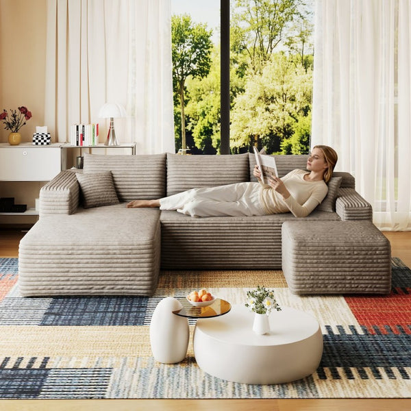 English Elm 95 Inch U Shaped Sectional Sofa with Ottoman in Plush Corduroy for Modern Living Camel W2824S00281
