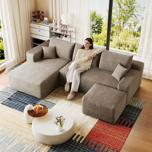 English Elm 95 Inch U Shaped Sectional Sofa with Ottoman in Plush Corduroy for Modern Living Camel W2824S00281