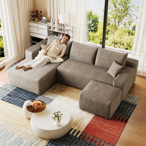 English Elm 95 Inch U Shaped Sectional Sofa with Ottoman in Plush Corduroy for Modern Living Camel W2824S00281