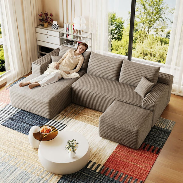 English Elm 95 Inch U Shaped Sectional Sofa with Ottoman in Plush Corduroy for Modern Living Camel W2824S00281