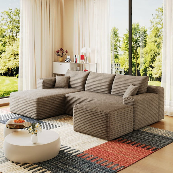 English Elm 95 Inch U Shaped Sectional Sofa with Ottoman in Plush Corduroy for Modern Living Camel W2824S00281