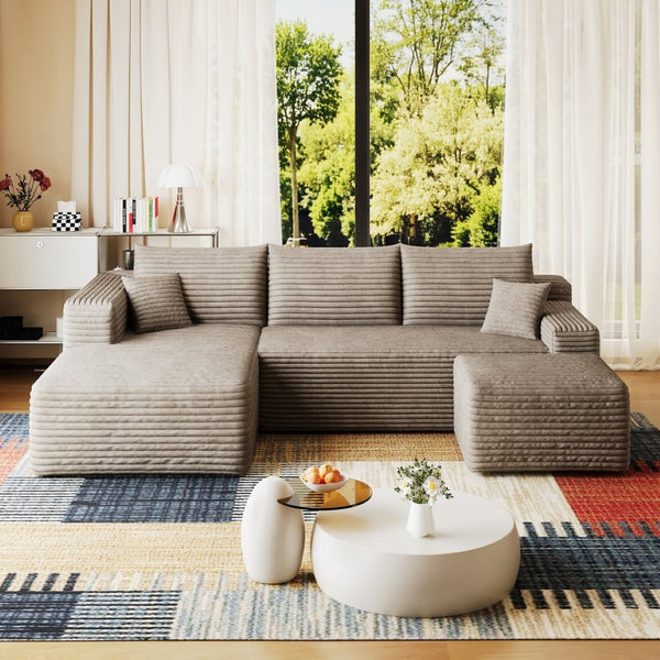 English Elm 95 Inch U Shaped Sectional Sofa with Ottoman in Plush Corduroy for Modern Living Camel W2824S00281