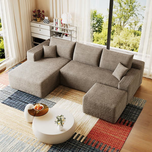 English Elm 95 Inch U Shaped Sectional Sofa with Ottoman in Plush Corduroy for Modern Living Camel W2824S00281