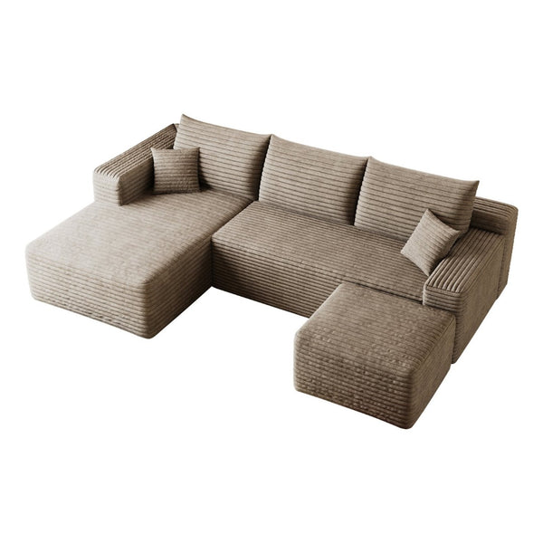 English Elm 95 Inch U Shaped Sectional Sofa with Ottoman in Plush Corduroy for Modern Living Camel W2824S00281