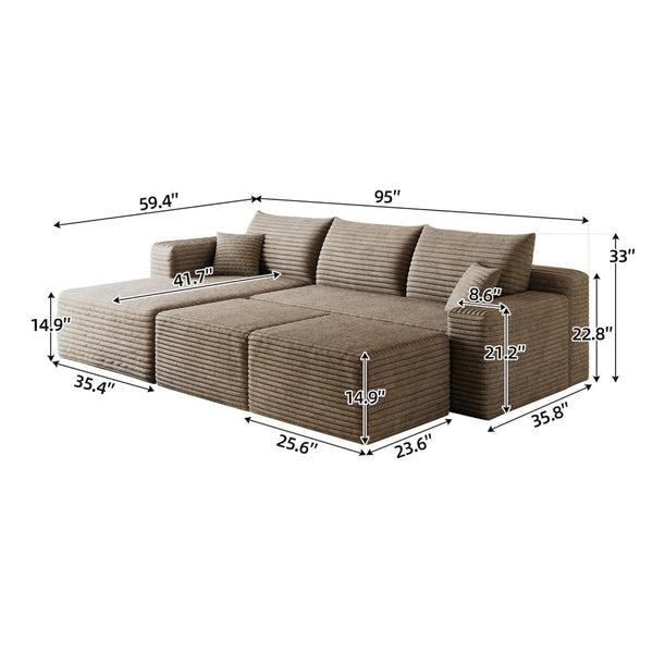 English Elm 95 Inch Cloud Sectional Corduroy Sofa with Ottomans U Shaped Modular Living Room Couch W2824S00282