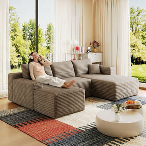 English Elm 95 Inch U Shaped Cloud Sectional Sofa with Ottoman Plush Corduroy Modern Living Room Camel W2824S00283