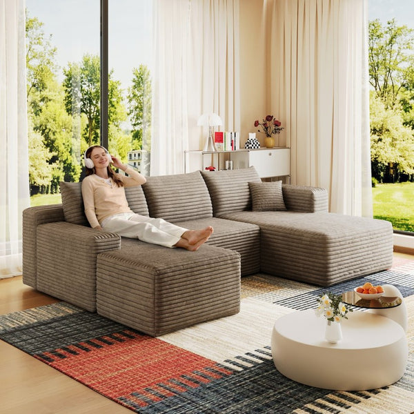 English Elm 95 Inch U Shaped Cloud Sectional Sofa with Ottoman Plush Corduroy Modern Living Room Camel W2824S00283