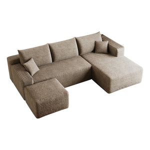 English Elm 95 Inch U Shaped Cloud Sectional Sofa with Ottoman Plush Corduroy Modern Living Room Camel W2824S00283