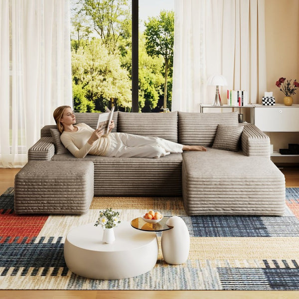 English Elm 95 Inch U Shaped Cloud Sectional Sofa with Ottoman Plush Corduroy Modern Living Room Camel W2824S00283