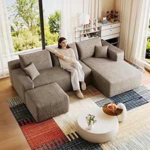 English Elm 95 Inch U Shaped Cloud Sectional Sofa with Ottoman Plush Corduroy Modern Living Room Camel W2824S00283