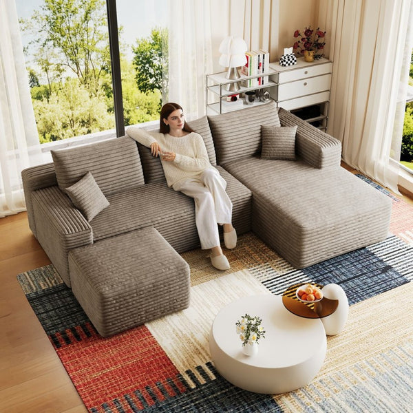English Elm 95 Inch U Shaped Cloud Sectional Sofa with Ottoman Plush Corduroy Modern Living Room Camel W2824S00283