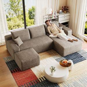 English Elm 95 Inch U Shaped Cloud Sectional Sofa with Ottoman Plush Corduroy Modern Living Room Camel W2824S00283