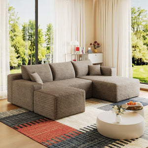 English Elm 95 Inch U Shaped Cloud Sectional Sofa with Ottoman Plush Corduroy Modern Living Room Camel W2824S00283