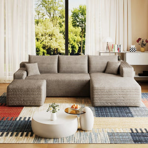 English Elm 95 Inch U Shaped Cloud Sectional Sofa with Ottoman Plush Corduroy Modern Living Room Camel W2824S00283