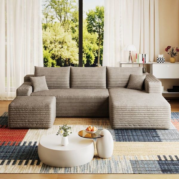 English Elm 95 Inch U Shaped Cloud Sectional Sofa with Ottoman Plush Corduroy Modern Living Room Camel W2824S00283