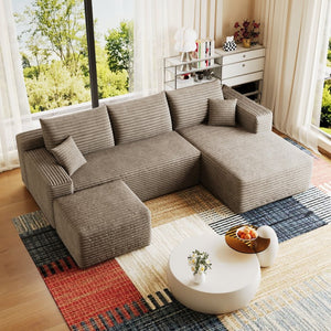 English Elm 95 Inch U Shaped Cloud Sectional Sofa with Ottoman Plush Corduroy Modern Living Room Camel W2824S00283