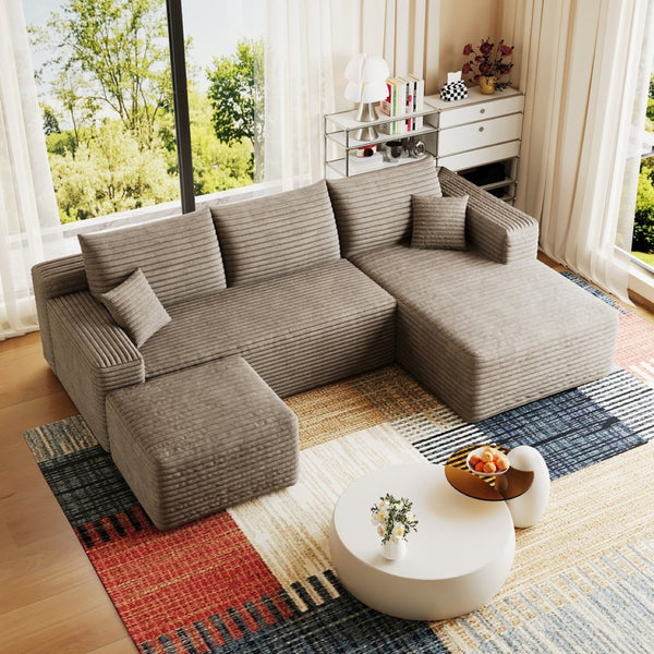 English Elm 95 Inch U Shaped Cloud Sectional Sofa with Ottoman Plush Corduroy Modern Living Room Camel W2824S00283