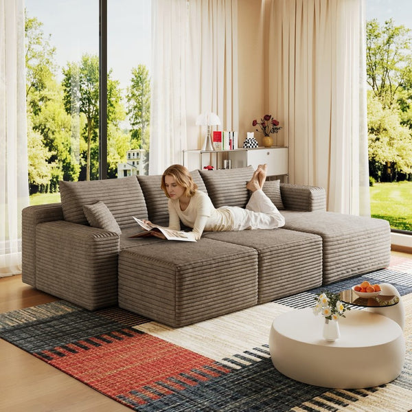 English Elm 95 Inch Cloud Sectional Corduroy Sofa with Ottomans U Shaped Plush Living Room Couch W2824S00284