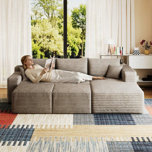 English Elm 95 Inch Cloud Sectional Corduroy Sofa with Ottomans U Shaped Plush Living Room Couch W2824S00284