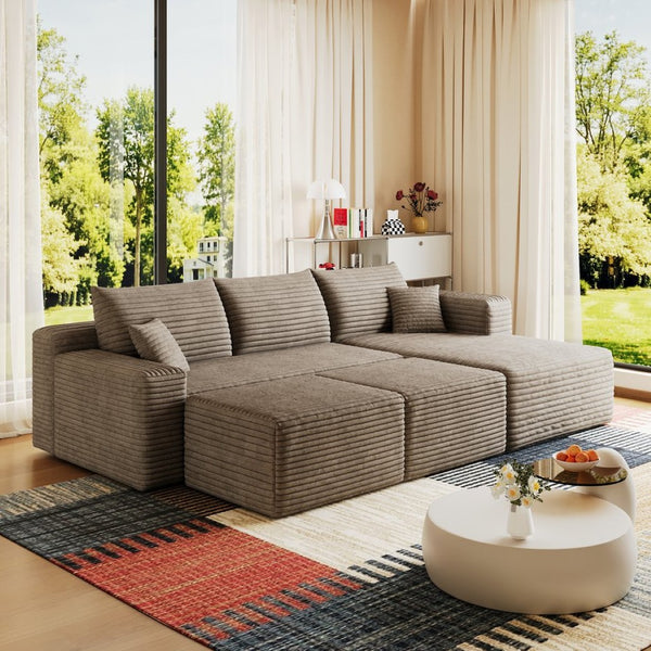 English Elm 95 Inch Cloud Sectional Corduroy Sofa with Ottomans U Shaped Plush Living Room Couch W2824S00284