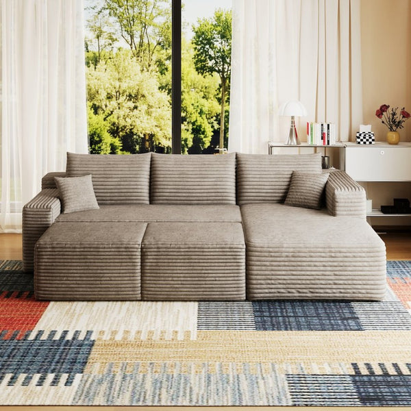 English Elm 95 Inch Cloud Sectional Corduroy Sofa with Ottomans U Shaped Plush Living Room Couch W2824S00284