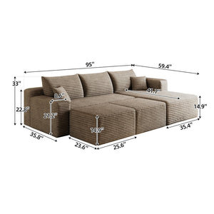 English Elm 95 Inch Cloud Sectional Corduroy Sofa with Ottomans U Shaped Plush Living Room Couch W2824S00284
