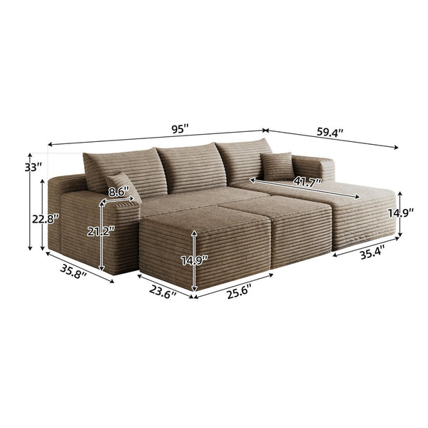 English Elm 95 Inch Cloud Sectional Corduroy Sofa with Ottomans U Shaped Plush Living Room Couch W2824S00284