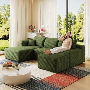 English Elm 95 Inch U Shaped Cloud Sectional Sofa with Ottoman Plush Corduroy Modern Living Room Green - A W2824S00285