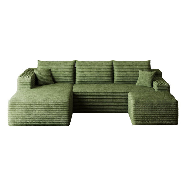 English Elm 95 Inch U Shaped Cloud Sectional Sofa with Ottoman Plush Corduroy Modern Living Room Green - A W2824S00285