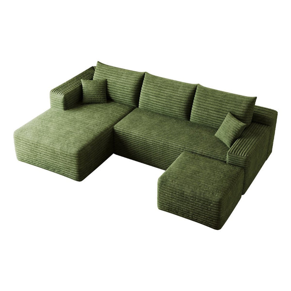 English Elm 95 Inch U Shaped Cloud Sectional Sofa with Ottoman Plush Corduroy Modern Living Room Green - A W2824S00285