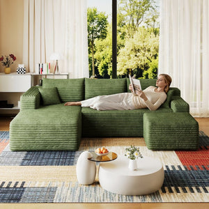 English Elm 95 Inch U Shaped Cloud Sectional Sofa with Ottoman Plush Corduroy Modern Living Room Green - A W2824S00285