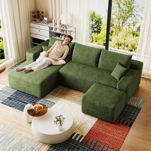 English Elm 95 Inch U Shaped Cloud Sectional Sofa with Ottoman Plush Corduroy Modern Living Room Green - A W2824S00285
