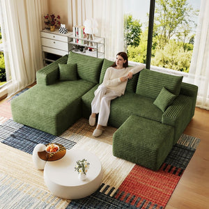 English Elm 95 Inch U Shaped Cloud Sectional Sofa with Ottoman Plush Corduroy Modern Living Room Green - A W2824S00285